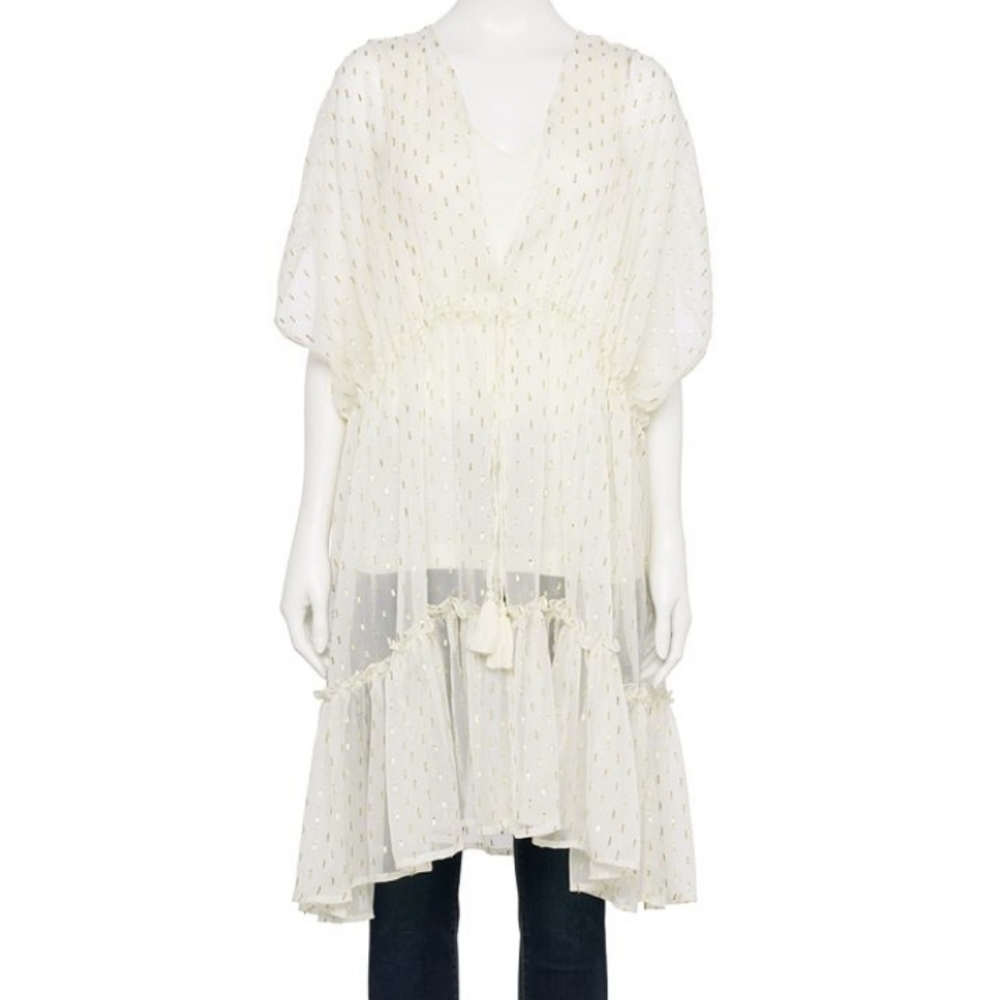 LC Lauren Conrad Sheer Cream Ruffle Bottom Kimono with Gold Accents